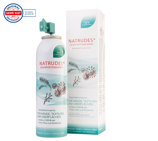 NATRUDES Desinfektions-Spray 3in1 - für Hände, Flächen & Textilien - (200ml) Sprühflasche mit speziellem Sprühkopf