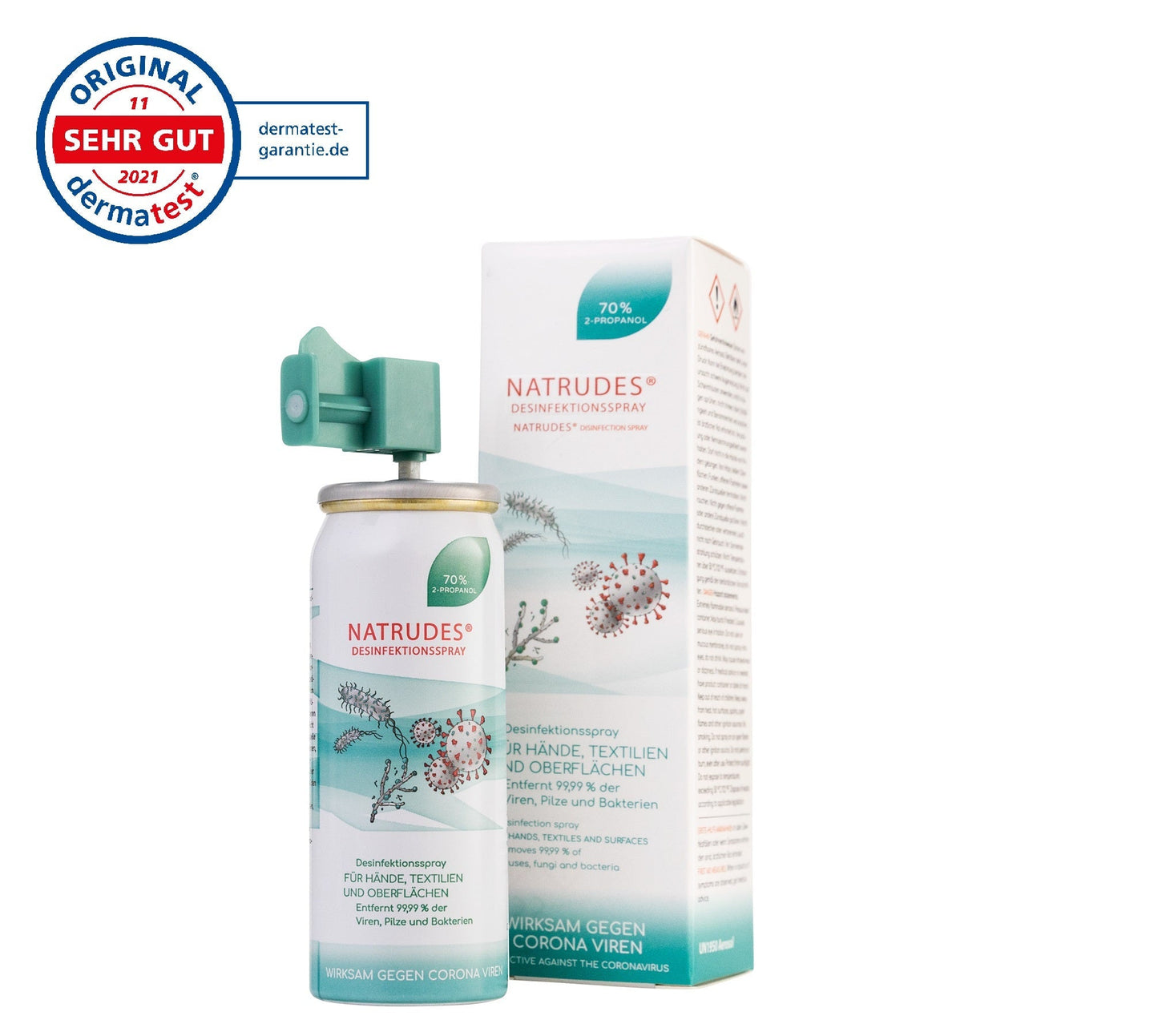 NATRUDES Desinfektions-Spray 3in1 - für Bekleidung & Textilien - (50ml) Sprühflasche mit speziellem Sprühkopf