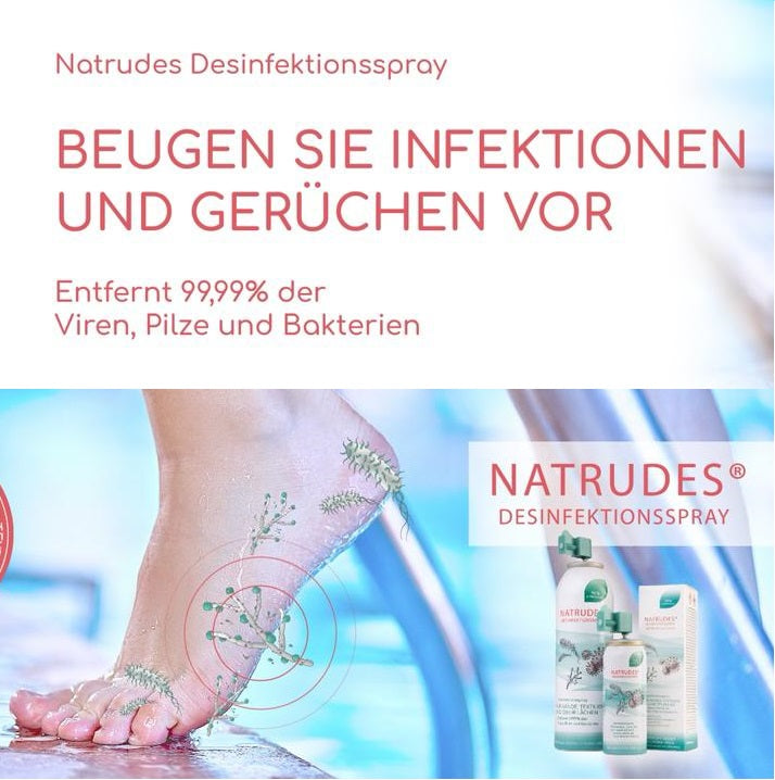 NATRUDES - Fuß & Schuh Desinfektionsmittel schützt vor Fusspilz, beugt Gerüchen vor - (200ml) Sprühflasche mit speziellem Sprühkopf